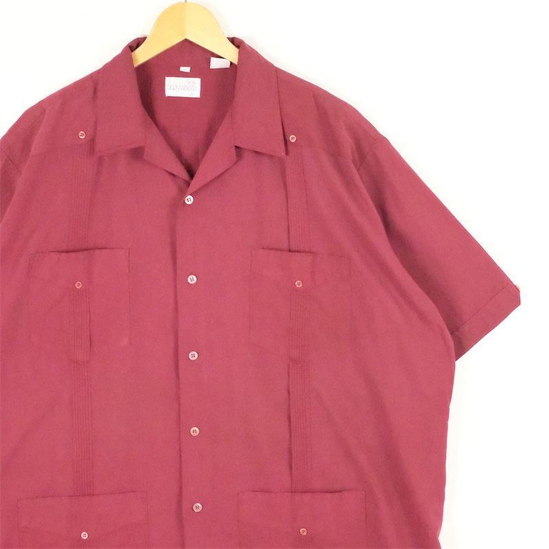 大きいサイズ メンズUS-2XLサイズ ヴィンテージ Guayabera 半袖開襟キューバシャツ オープンカラーシャツ ボックスシャツ プリーツ グアヤベラシャツ チカーノシャツ 胸囲約146cm 無地 赤 エンジ系 tn-1263n BIGサイズ アメカジ 古着 