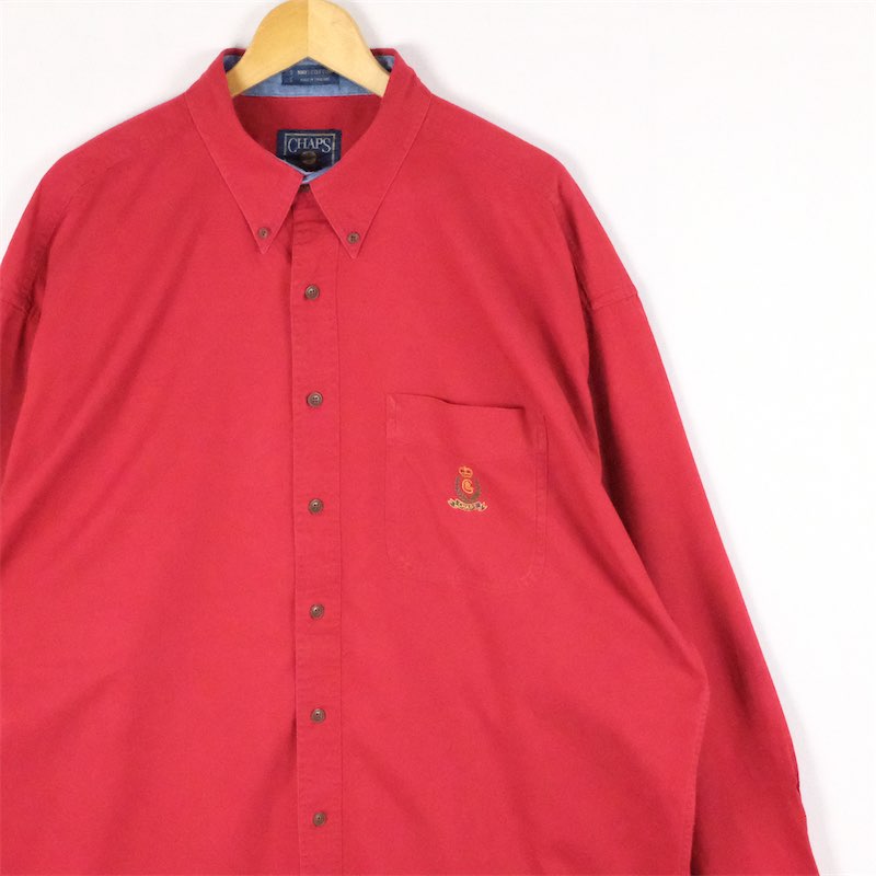 大きいサイズ メンズUS-XLサイズ 80's 旧タグ チャップス ラルフローレン 長袖ボタンダウンシャツ ワンポイント ロゴ刺繍 BDシャツ オールドチャップス 胸囲約139cm 無地 赤 レッド系 tn-1507n アメカジ トラッドスタイル BIGサイズ 古着 【中古】