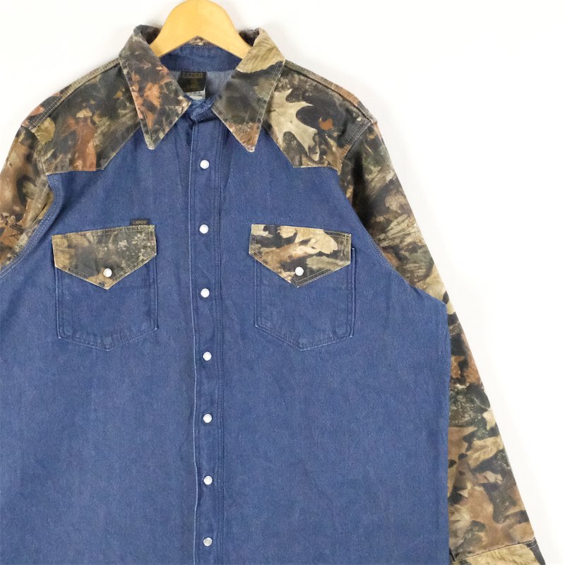 Chambray Shirts - 大きいサイズ メンズUS-XLサイズ USA製 90's LAPCO 長袖リアルツリー切替デニムシャツ ダンガリーシャツ ウエスタンシャツ ワーク 胸囲約133cm デニムブルー系 tn-1875 アメカジ カジュアル トラッド BIGサイズ 古着 【中古】