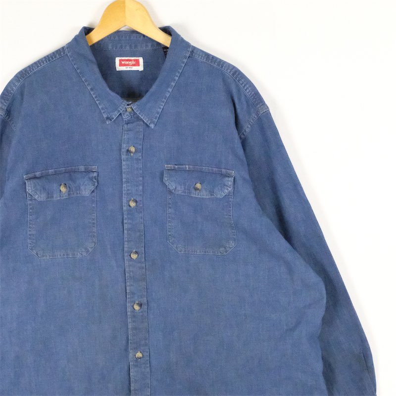 大きいサイズ メンズUS-3XLサイズ ラングラー Wrangler HLD5AWB 長袖デニムシャツ ダンガリーシャツ カジュアル ワークシャツ 無地 青 デニムブルー系 tn-1922 アメカジ BIGサイズ アメリカ古着 【中古】