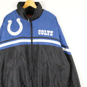 大きいサイズ メンズUS-2XLサイズ NFL公式 COLTS オフィシャルジャケット インディアナポリス・コルツ ブルゾン アメリカンフットボール アメフト スポーツ 胸囲約146cm ブラック×ブルー系 tn-1956 アメカジ BIGサイズ 古着 【中古】