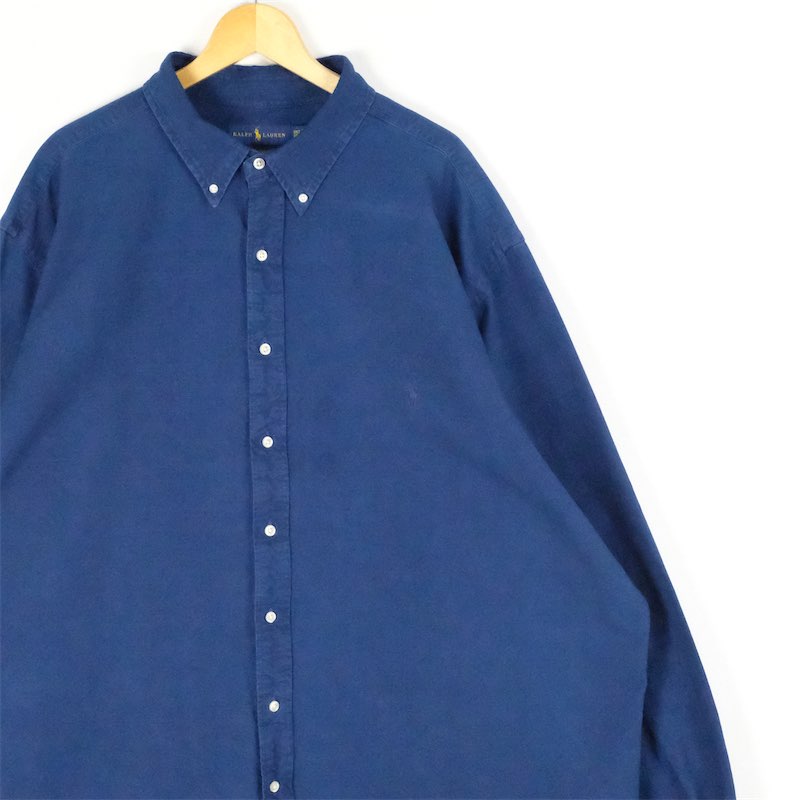 大きいサイズ メンズUS-3XLT TALLサイズ ラルフローレン RALPH LAUREN INDIGO OXFORD 長袖ボタンダウンシャツ BDシャツ ワンポイントロゴ ポニー刺繍 胸囲約164cm 無地 インディゴブルー系 tn-2154n アメカジ BIGサイズ 古着 【中古】【トール】