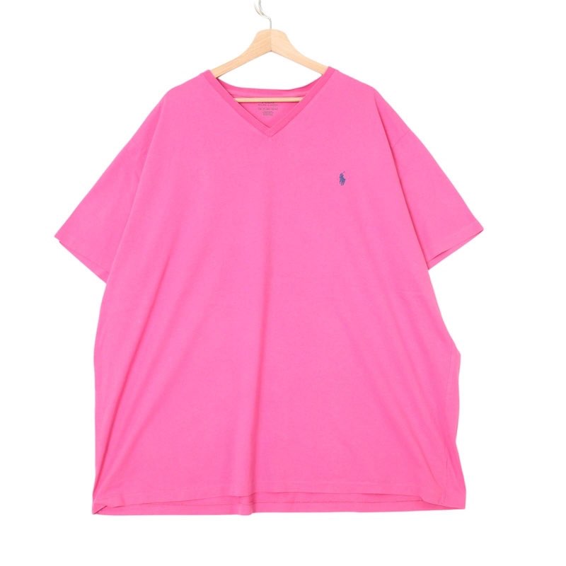 大きいサイズ メンズUS-3XLサイズ ポロラルフローレン POLO RALPH LAUREN Vネック 半袖Tシャツ ワンポイント ポニーロゴ刺繍 トップス カットソー インナーシャツ 胸囲約150cm ピンク系 tc-0134n アメカジ BIGサイズ アメリカ古着 【中古】