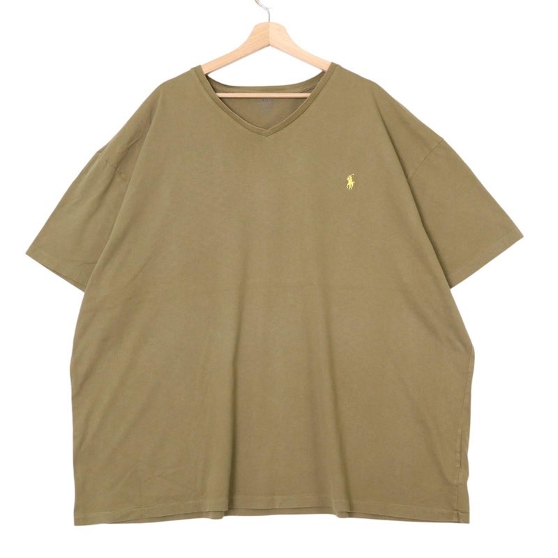 大きいサイズ メンズUS-3XLサイズ ポロラルフローレン POLO RALPH LAUREN Vネック 半袖Tシャツ ワンポイント ポニーロゴ刺繍 トップス カットソー 胸囲約160cm オリーブグリーン系 tc-0136n アメカジ BIGサイズ アメリカ古着 【中古】