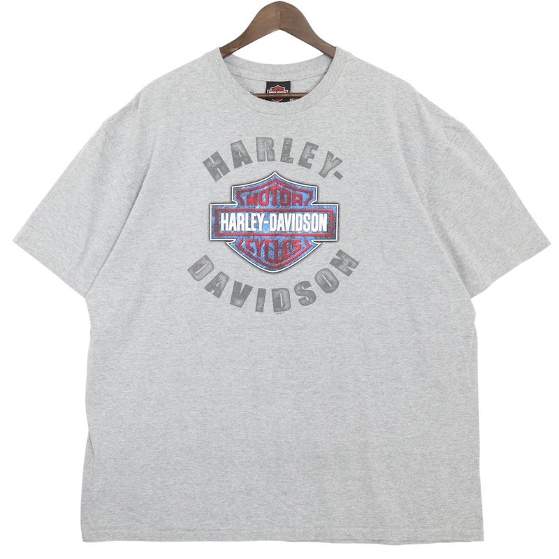 大きいサイズ メンズUS-2XLサイズ ハーレーダビッドソン クルーネック半袖両面プリントTシャツ ALAMO CITY 杢グレー 胸囲約135cm HARLEY-DAVIDSON バイク アメリカ古着 USED BIG hsc-0372n【中古】