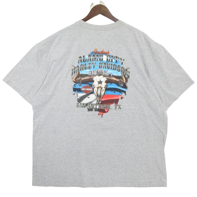 大きいサイズ メンズUS-2XLサイズ ハーレーダビッドソン クルーネック半袖両面プリントTシャツ ALAMO CITY 杢グレー 胸囲約135cm HARLEY-DAVIDSON バイク アメリカ古着 USED BIG hsc-0372n【中古】