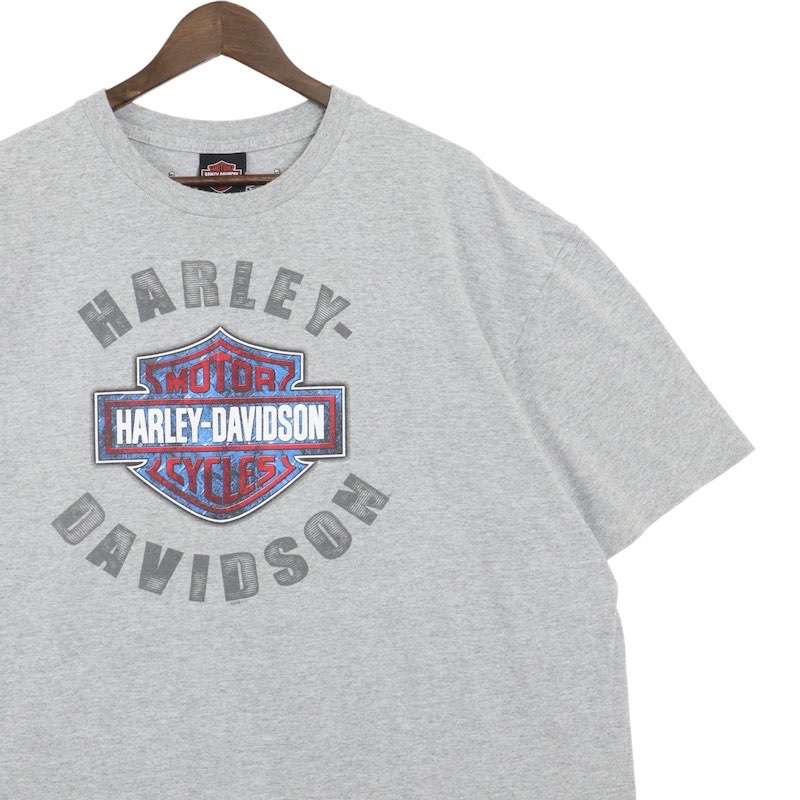 大きいサイズ メンズUS-2XLサイズ ハーレーダビッドソン クルーネック半袖両面プリントTシャツ ALAMO CITY 杢グレー 胸囲約135cm HARLEY-DAVIDSON バイク アメリカ古着 USED BIG hsc-0372n【中古】