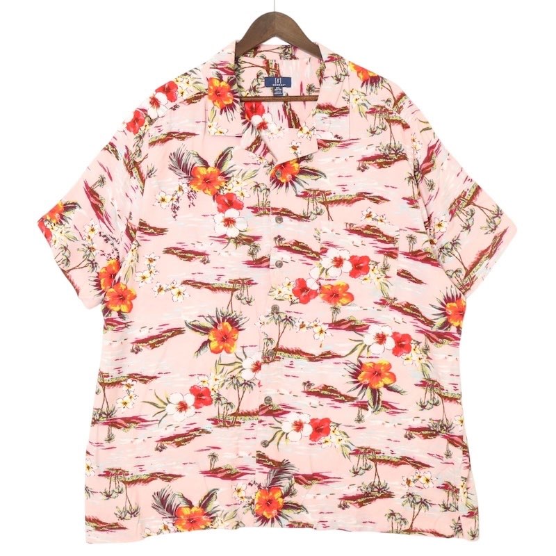 Hawaiian Shirt - 大きいサイズ メンズUS-2XLサイズ GEORGE 半袖開襟ハワイアンアロハシャツ オープンカラー ボックスシルエット オールド 胸囲約140cm 総柄 ピンク系 sc-0653n アメカジ BIG 古着 【中古】