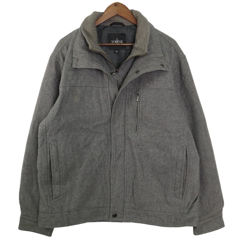 大きいサイズ メンズUS-XLサイズ TOWNE by LONDON FOG ウールジャケット レイヤード風 ジップアップ＆スナップボタン グレー 胸囲約140cm ロンドンフォグ 長袖 アメリカ古着 USED BIG hjc-0036【中古】
