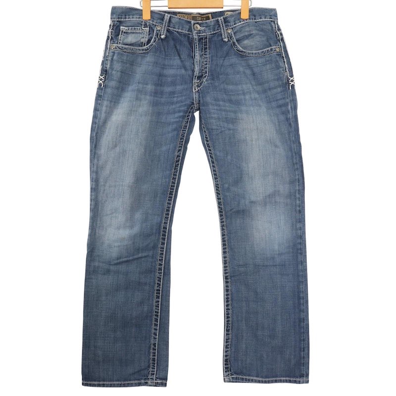 大きいサイズ メンズW36 BKE DENIM CARTER ブーツカットデニムパンツ ボタンフライ USED加工 ブルー 実寸約ウエスト94cm 股下78.5cm Y2K ジーンズ アメリカ古着 USED hpc-0119 【中古】