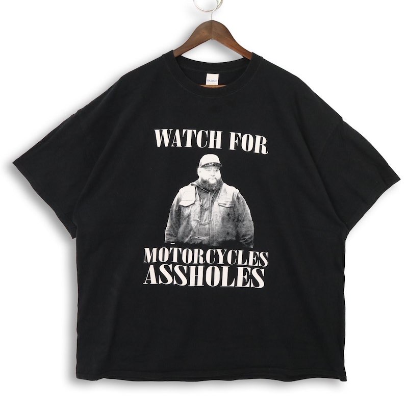 大きいサイズ メンズUS-3XLサイズ ギルダン クルーネック 半袖プリントTシャツ WATCH FOR MOTORCYCLES ASSHOLES ブラック 胸囲約134cm GILDAN メッセージ＆フォト アメリカ古着 USED BIG hsc-1237n