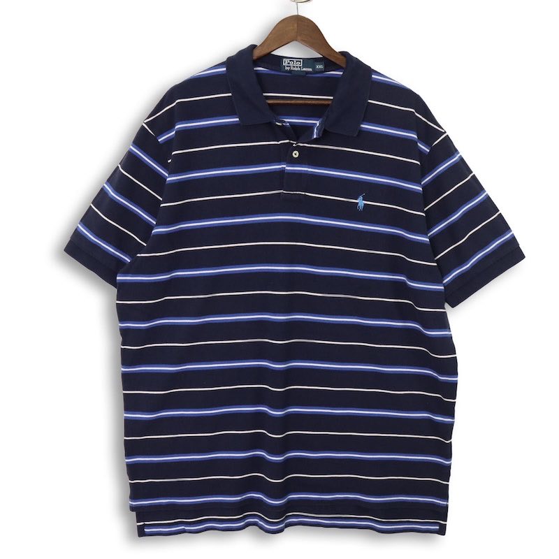 大きいサイズ メンズXXL 00’s 旧タグ ポロラルフローレン POLO RALPH LAUREN 半袖鹿の子ポロシャツ カノコ ボーダー柄 実寸胸囲138cm ネイビー系 ワンポイントポニー刺繍 sc-0755 【アメカジ】【古着】【中古】