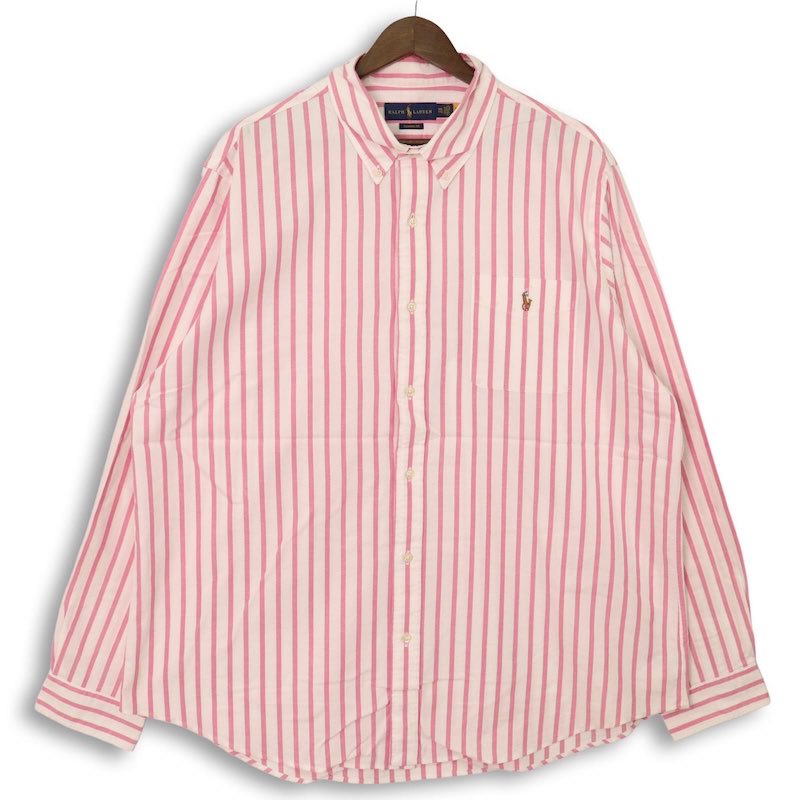 大きいサイズ メンズXXL ラルフローレン RALPH LAUREN CLASSIC FIT 長袖ボタンダウンシャツ オックスフォードシャツ ストライプ柄 実寸胸囲144cm ホワイト×ピンク系 ワンポイントポニー刺繍 sc-0763 【アメカジ】【古着】【中古】