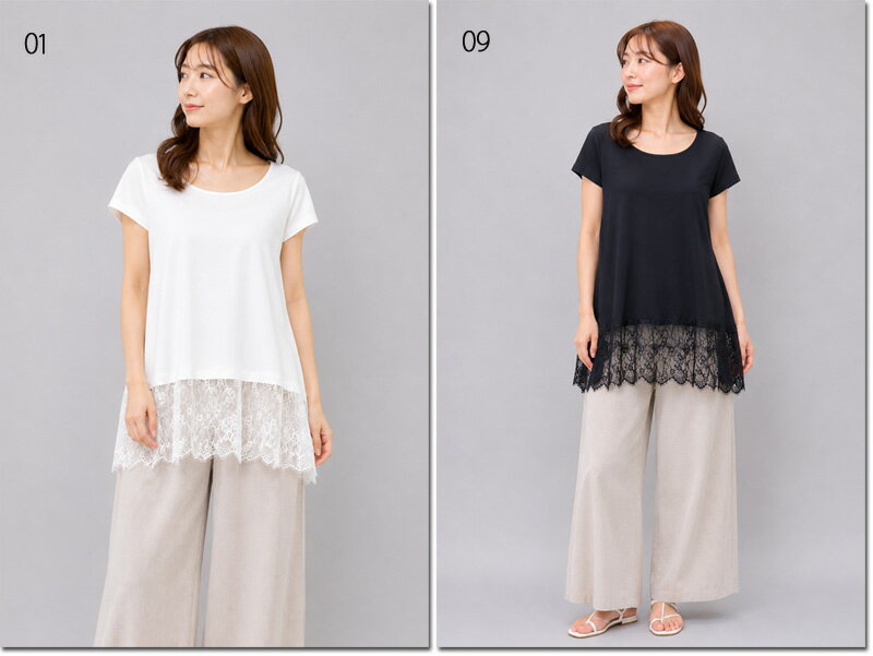 乐天商城 - ●vingtrois　【バントロア】　裾レースフレアーTシャツ　半袖　424-25403