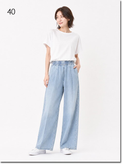 Rakuten - ●LEk cud　【レカット】　ウエストゴム　タックデニムパンツ　裾切りっぱなし　617607