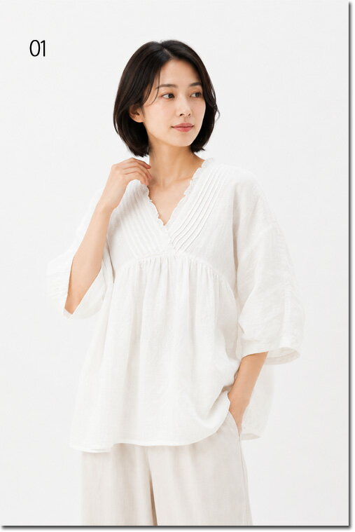 乐天商城 - ●Hands　of　creation　【ハンズオブクリエイション】　60/-Linen解撚ワッシャークロスVネック　プルオーバーブラウス　1630638