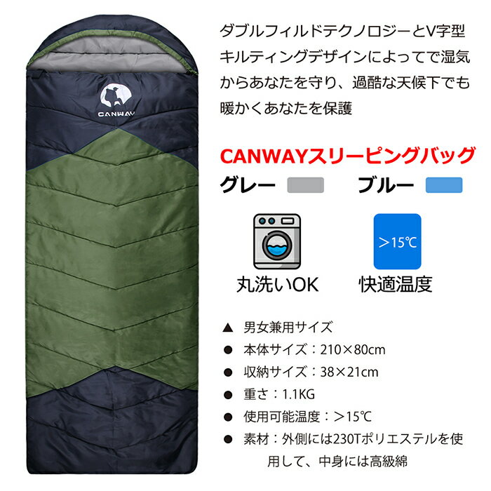 送料無料【CANWAY】 寝袋 シュラフ 封筒型 コンパクト収納 丸洗い 210T防水 キャンプ スリーピングバッグ 収納袋付き オールシーズン バージョンアップ 防災 1.1KG タフタ通販格安セール情報 楽天 通販