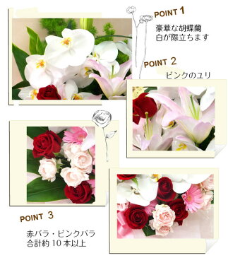 胡蝶蘭と赤バラのフラワーアレンジメント 御祝 還暦 古希 喜寿 米寿 傘寿 開業祝い 法人用 祝賀会 周年記念 創立記念 御礼 内祝い