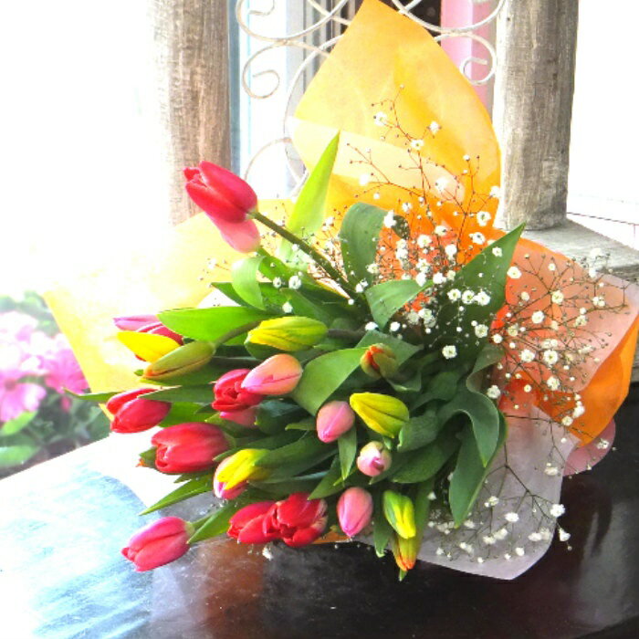 チューリップとかすみ草の花束 プレゼント 卒業 卒業式 退職 送別会 入学祝い