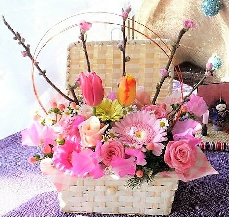 初節句 ひなまつりバスケットアレンジ 女の子 お節句 お祝い 桃の花