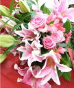 ガーベラ お祝い ギフト 花束 プレゼント ピンクユリ・バラ・ガーベラの華やか花束 Lサイズ 長寿祝い 誕生日 開店