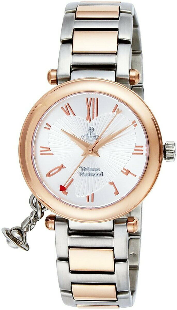 商品情報ブランドVIVIENNE WESTWOOD型番VV006RSSLケースの形状丸形ケースの素材ステンレススチールケースサイズ約 縦32mm×横32mm×厚さ8mm表示タイプアナログ文字盤カラーシルバーバンド素材ステンレススチールバンドカラーシルバーxピンクゴールドバンド幅16mmムーブメントクォーツ（電池式）防水性日常生活防水注意点モニター発色により色合いが異なる場合がございます。本商品は並行輸入品のため、日本語表記の説明書がございません。あらかじめご了承ください。本商品は大変好評のため、売れ違いになる可能性がございます。レディース 腕時計 シルバー チャーム ヴィヴィアン ウエストウッド オーブ VV006RSSL VIVIENNE WESTWOOD ORB 時計 ウォッチ 並行輸入品 父の日 プレゼント ギフト 実用的 かわいい 可愛い オシャレ おしゃれ VIVIENNEWESTWOODから腕時計が入荷しました。10代 20代 30代 40代 50代 60代 ----《 Vivienne Westwood 》------------------------------------- 創業者はヴィヴィアン・イザベル・スウィア氏。イギリスのファッションブランド。共にビジネスをしていたマルコム・マクラーレン氏がヴィヴィアン・ウエストウッドのデザインした過激な服を着せて反社会的なロックバンド「セックスピストルズ」として若者をデビューさせた。セックスピストルズはパンクムーブメントを引き起こし、それとともにヴィヴィアン・ウエストウッドもパンクファッションとしての一つのジャンルを築き上げた。----《 商品特長 》--------------------------------------------------秒針の先端のハートがとても可愛いラウンド型腕時計です。ケースから揺れる可愛らしいオーブチャームが特徴のシリーズ。文字盤の中央には大きくデザインされたオーブとヴィヴィアンのロゴ、ピンクゴールド×シルバーのコンビネーションモデル。----《 商品情報 》--------------------------------------------------型番：VV006RSSL、ケースサイズ：約 縦32mm×横32mm×厚さ8mm、注意点：モニター発色により色合いが異なる場合がございます。本商品は並行輸入品のため、説明書等は英語表記のものが付属しております。大変好評のため、売れ違いになる可能性がございます、あらかじめご了承ください。 2