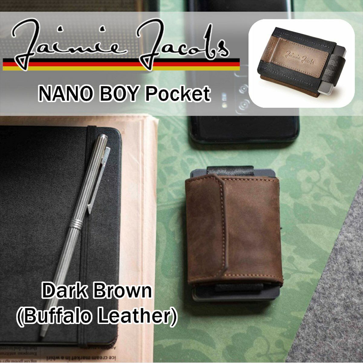 Jaimie Jacobs NANO BOY POCKET コンパクト財布 （ マネークリップ 小銭入れ カードケース ギフトボックス付き) Dark Brown ダークブラウン Buffalo Leather 正規輸入品 かっこいい カッコイイ オシャレ おしゃれ