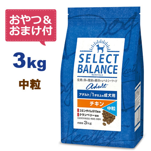 【おやつ＆おまけ付き♪】セレクトバランス アダルト チキン 中粒 3kg　1才以上の成犬用【Select Balance セレクト・バランス （成犬用）】