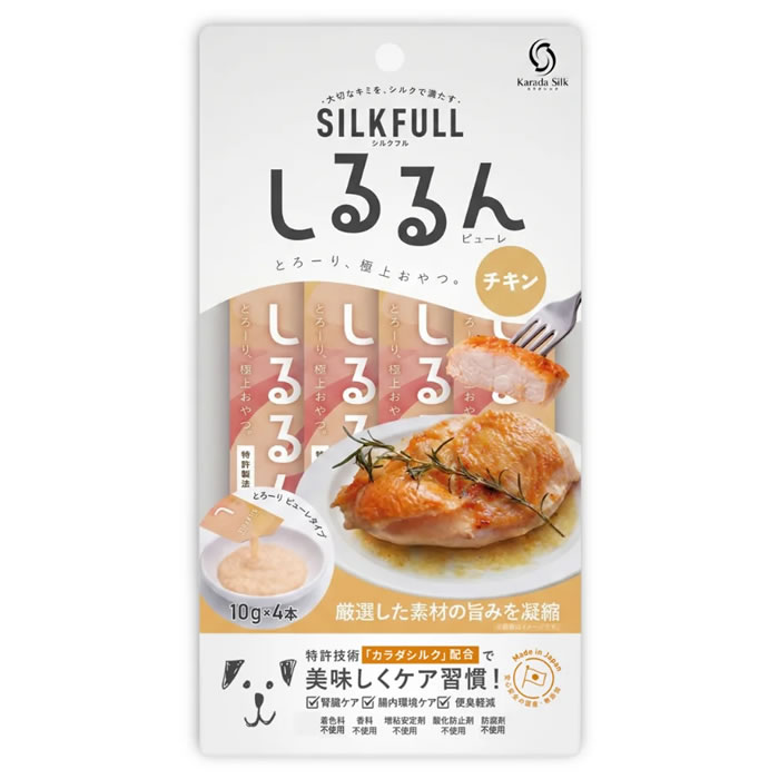 とろーり、極上おやつ。とろけるひと時が、最高のケア時間に犬用サプリピューレ「しるるんピューレ」 「とろけるような美味しさで、ずっと元気にいてほしい。」そんな願いから生まれた、とろーり食感のサプリメントピューレです。厳選した素材の旨みと、特許技術「カラダシルク」を贅沢に配合。子犬からシニアまで、幅広い愛犬に寄り添う、美味しさと健康維持を両立した新習慣です。 【原材料】 鶏ささみ、米粉、シルクフィブロイン 【栄養成分】 たんぱく質：7.5%以上、脂質：0.5%以上、粗繊維：0.5%以下、灰分：1.0%以下、水分：87.5%以下、リン(標準値)：91mg/100g 【エネルギー(1本あたり)】 約6kcal 給与量 体重 〜5kg：〜4本 体重 5kg以上：〜8本 【原産国】 日本 ★SILKFULLサプリピューレ　4つのこだわり 1. 「とろーり、極上おやつ」、どんな子にも食べやすく 幅広い愛犬が食べやすいよう、なめらかなピューレタイプに仕上げました。そのままペロペロとなめるのはもちろん、いつものごはんにトッピングしても相性抜群。食が細くなったシニア期の子や、硬いおやつが苦手な子にも、極上の「美味しい時間」を届けます。 2. 特許技術「カラダシルク」配合で、腎ケア・腸内環境・便臭を軽減 健康の要となる特許技術「カラダシルク」を配合。カ ラダの内側から吸収・排出する働きで、 腎ケアや腸内環境をサポートします。さらに、気になる便臭の軽減にもアプローチ。カラダの内側から、健やかで快適な毎日を支えます。 3. 愛犬が夢中になる、こだわりのラインナップ 素材の旨みを凝縮したバラエティ豊かなフレーバーをご用意しました。定番の「チキン」、濃厚な「ヤギミルク」、そして特別なご褒美感たっぷりの「いちご大福風味」。愛犬の好みに合わせて、毎日飽きずに楽しく栄養補給が可能です。 4. 5つの「不使用」で、素材本来のチカラを最大限に 着色料、香料、増粘安定剤、酸化防止剤、防腐剤は一切使用していません。毎日安心して与えられるよう、余計なものは加えず、厳選素材の安心感にこだわりました。健康に人一倍敏感な飼い主様にも、自信を持っておすすめできる品質です。 ◆注意事項 ○直射日光・高温多湿を避けて保存してください ○開封後は早めにお与えください ○開封前に揉んでいただくことで、よりなめらかな状態になります ○消化不良など愛犬・愛猫の体調が変わったときは、獣医師にご相談ください ●製品の色・粘度に若干の差が出る場合があります ●時間の経過と共に色調の変化や色むら、内容成分が分離する場合がありますが、品質には問題ありません ●製品中に含まれる原材料の皮が黒く変色する可能性がありますが、品質には問題ありません ◆メーカー 株式会社 NEXT NEW WORLD（ネクストニューワールド） ※パッケージ・仕様等の変更について 予告なくパッケージ、仕様等の変更がある場合がございます。また、変更時期は旧製品と新製品が混同する場合がございます。予めご了承ください。とろーり、極上おやつ。とろけるひと時が、最高のケア時間に犬用サプリピューレ「しるるんピューレ」 「とろけるような美味しさで、ずっと元気にいてほしい。」そんな願いから生まれた、とろーり食感のサプリメントピューレです。厳選した素材の旨みと、特許技術「カラダシルク」を贅沢に配合。子犬からシニアまで、幅広い愛犬に寄り添う、美味しさと健康維持を両立した新習慣です。 【原材料】 鶏ささみ、米粉、シルクフィブロイン 【栄養成分】 たんぱく質：7.5%以上、脂質：0.5%以上、粗繊維：0.5%以下、灰分：1.0%以下、水分：87.5%以下、リン(標準値)：91mg/100g 【エネルギー(1本あたり)】 約6kcal 給与量 体重 〜5kg：〜4本 体重 5kg以上：〜8本 【原産国】 日本 ★SILKFULLサプリピューレ　4つのこだわり 1. 「とろーり、極上おやつ」、どんな子にも食べやすく 幅広い愛犬が食べやすいよう、なめらかなピューレタイプに仕上げました。そのままペロペロとなめるのはもちろん、いつものごはんにトッピングしても相性抜群。食が細くなったシニア期の子や、硬いおやつが苦手な子にも、極上の「美味しい時間」を届けます。 2. 特許技術「カラダシルク」配合で、腎ケア・腸内環境・便臭を軽減 健康の要となる特許技術「カラダシルク」を配合。カ ラダの内側から吸収・排出する働きで、 腎ケアや腸内環境をサポートします。さらに、気になる便臭の軽減にもアプローチ。カラダの内側から、健やかで快適な毎日を支えます。 3. 愛犬が夢中になる、こだわりのラインナップ 素材の旨みを凝縮したバラエティ豊かなフレーバーをご用意しました。定番の「チキン」、濃厚な「ヤギミルク」、そして特別なご褒美感たっぷりの「いちご大福風味」。愛犬の好みに合わせて、毎日飽きずに楽しく栄養補給が可能です。 4. 5つの「不使用」で、素材本来のチカラを最大限に 着色料、香料、増粘安定剤、酸化防止剤、防腐剤は一切使用していません。毎日安心して与えられるよう、余計なものは加えず、厳選素材の安心感にこだわりました。健康に人一倍敏感な飼い主様にも、自信を持っておすすめできる品質です。 ◆注意事項 ○直射日光・高温多湿を避けて保存してください ○開封後は早めにお与えください ○開封前に揉んでいただくことで、よりなめらかな状態になります ○消化不良など愛犬・愛猫の体調が変わったときは、獣医師にご相談ください ●製品の色・粘度に若干の差が出る場合があります ●時間の経過と共に色調の変化や色むら、内容成分が分離する場合がありますが、品質には問題ありません ●製品中に含まれる原材料の皮が黒く変色する可能性がありますが、品質には問題ありません ◆メーカー 株式会社 NEXT NEW WORLD（ネクストニューワールド） ※パッケージ・仕様等の変更について 予告なくパッケージ、仕様等の変更がある場合がございます。また、変更時期は旧製品と新製品が混同する場合がございます。予めご了承ください。