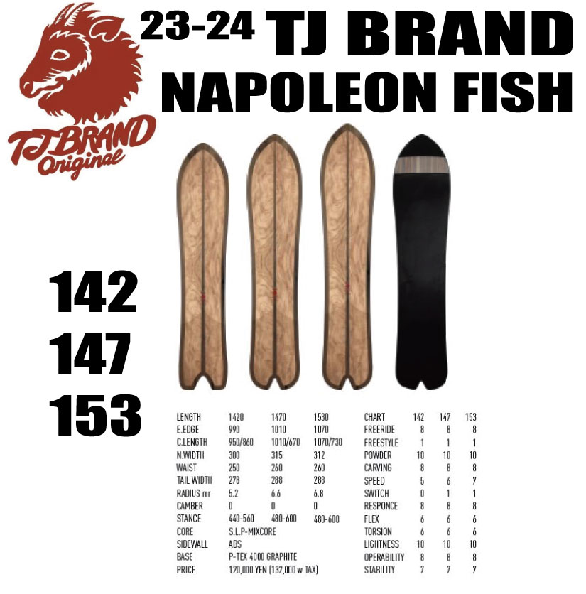 ★23-24モデル★TJ BRAND（ティージェイブランド）Napoleon Fish（ナポレオンフィッシュ）サイズ：142、147、153（※北海道/沖縄/離島は送料別）