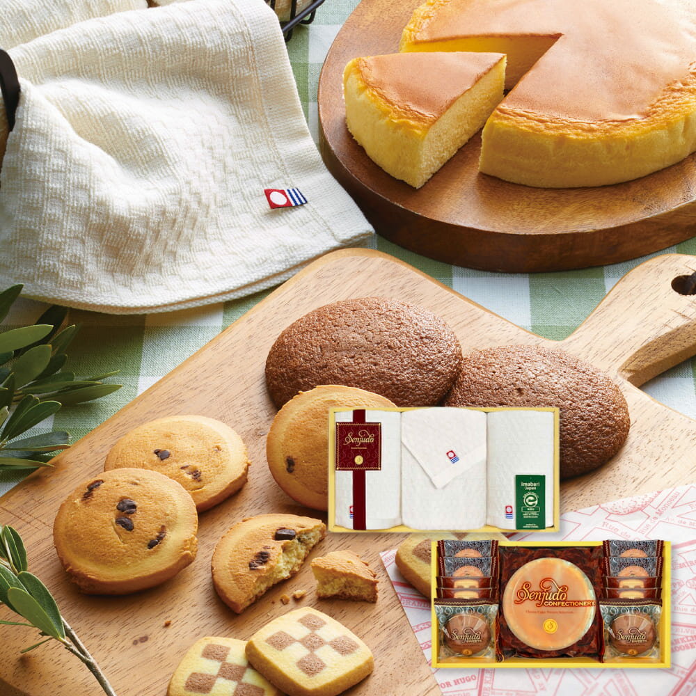 半額 50%OFF Senjudoスイーツ+今治タオルセット SS-50TR 個包装 焼き菓子 内祝い お祝い 出産 結婚 快気祝い お歳暮 粗供養 志 お供え 満中陰志 お礼 お見舞い 今治 タオル お返し 法事のサムネイル