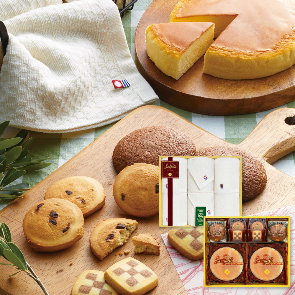 半額 50%OFF Senjudoスイーツ+今治タオルセット SS-80TR 個包装 焼き菓子 内祝い お祝い 出産 結婚 快気祝い お歳暮 粗供養 志 お供え 満中陰志 お礼 お見舞い 今治 タオル お返し 法事のサムネイル