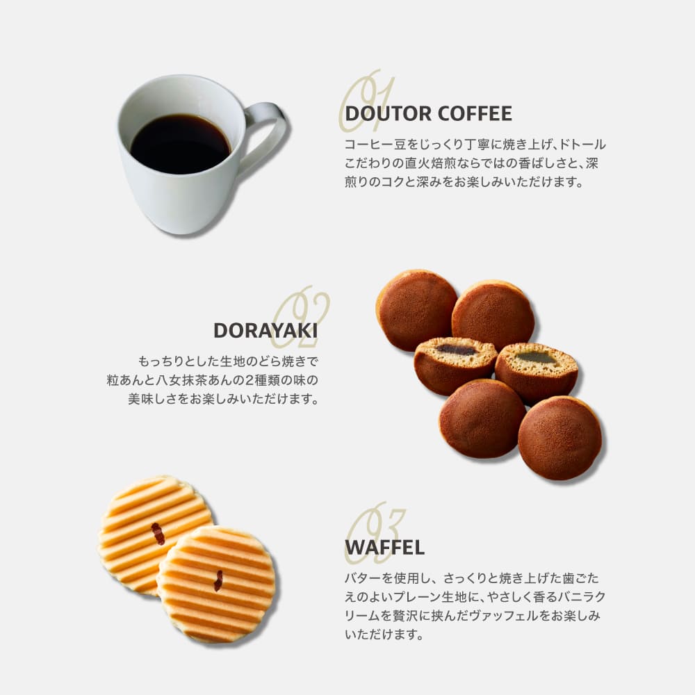 caprice.Giftの半額 50%OFF ドトールコーヒー＆どら焼き 詰合せ DR-50 お菓子 スイーツ コーヒー 内祝い お祝い お供え 粗供養 満中陰志 香典返し お返し お礼 お見舞い 挨拶 法事 ギフト プレゼント お歳暮 残暑見舞い｜アングル3