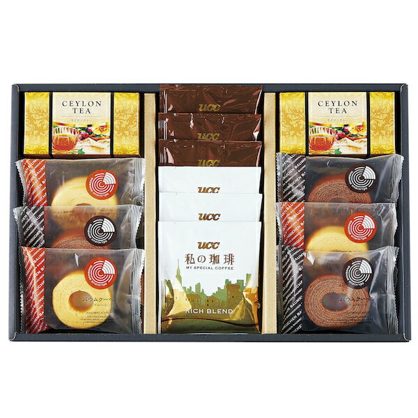 〇商品名：くつろぎの時間 カフェスウィーツギフト BCT-DO〇商品内容：バウムクーヘン（プレーン・ショコラ）各3・UCC ドリップカフェ（リッチブレンド・マイルドブレンド）7g×各3・セイロンティ（BLACK TEA）2g×5袋×2 【卵・乳成分・小麦】〇賞味期限(日)：210〇箱サイズ(mm)：255×390×55mm〇生産国：日本〇商品説明：コーヒーの香りに包まれながらゆったり過ごすくつろぎの時間。 プレーンとショコラのバウムクーヘンと、しっかり焙煎した深い味わいのドリップコーヒーをお楽しみください。 ※お買い上げ明細書のペーパーレス化について※ 当店では、環境への配慮と個人情報保護の観点から「お買い上げ明細書」の同梱を廃止いたしました。 ご注文内容は当店からの商品発送完了メールまたはご購入履歴よりご確認くださいますようお願い申し上げます。 メーカー希望小売価格はメーカーカタログに基づいて掲載しています