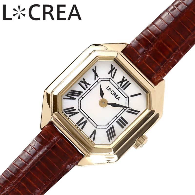 メーカー希望小売価格はメーカーサイトに基づいて掲載していますこの商品のお問い合わせ番号CPR-item-69725■　商品詳細説明 ルクレア[LCREA]静かな午後の、腕時計。イタリア語の光 ”LUCE” と創造 "CREATION" を掛け合わせたブランド《L＊CREA》。その全てのモデルにソーラームーブメントを採用しており、モダンからクラシックまで様々なコーディネートに似合デザイン。女性らしさと高級感、そしてヴィンテージの時計のような佇まい。手元にエレガンスを加えてくれる腕時計。キリッとした角きりの文字盤のクールな印象とケースの丸めのソフトな印象が融合した腕時計らしいキュートさを醸し出します。変形文字盤ですが、八角形のため、時間が読み易いのも特徴です。個性のある変形文字盤ながらも、柔らかいフォルムを描くケースのソフト感がバランスの良い印象を与えてくれます。型番LC2004-GPTBRケース材質：ステンレススチールサイズ約：縦26×横21.2mm×厚：6.6mmベルト幅：10mmベルト材質：本トカゲ革カラー：ブラウンベルト腕周り最少：13cmベルト腕周り最大：17cmムーブメントソーラー クォーツ (電池式)機能風防：ミネラルガラス表示タイプ：アナログ防水機能防水性：日常生活防水付属品LCREA純正BOX保証書取扱説明書※説明書・保証書に関して入荷時期により仕様、内容が一部異なる場合がございます。予めご了承をお願い致します。また、ブランドにより説明書兼保証書が付属する場合がございます。予めご了承をお願い致します。