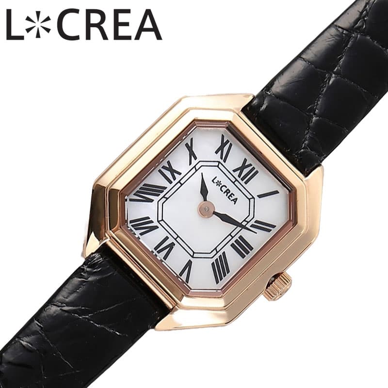 メーカー希望小売価格はメーカーサイトに基づいて掲載していますこの商品のお問い合わせ番号CPR-item-69818■　商品詳細説明 ルクレア[LCREA]静かな午後の、腕時計。イタリア語の光 ”LUCE” と創造 "CREATION" を掛け合わせたブランド《L＊CREA》。その全てのモデルにソーラームーブメントを採用しており、モダンからクラシックまで様々なコーディネートに似合デザイン。女性らしさと高級感、そしてヴィンテージの時計のような佇まい。手元にエレガンスを加えてくれる腕時計。キリッとした角きりの文字盤のクールな印象とケースの丸めのソフトな印象が融合した腕時計らしいキュートさを醸し出します。変形文字盤ですが、八角形のため、時間が読み易いのも特徴です。個性のある変形文字盤ながらも、柔らかいフォルムを描くケースのソフト感がバランスの良い印象を与えてくれます。型番LC2004-PGCBKケース材質：ステンレススチールサイズ約：縦26×横21.2mm×厚：6.6mmベルト幅：10mmベルト材質：本ワニ革カラー：ブラックベルト腕周り最少：13cmベルト腕周り最大：17cmムーブメントソーラー クォーツ (電池式)機能風防：ミネラルガラス表示タイプ：アナログ防水機能防水性：日常生活防水付属品LCREA純正BOX保証書取扱説明書※説明書・保証書に関して入荷時期により仕様、内容が一部異なる場合がございます。予めご了承をお願い致します。また、ブランドにより説明書兼保証書が付属する場合がございます。予めご了承をお願い致します。
