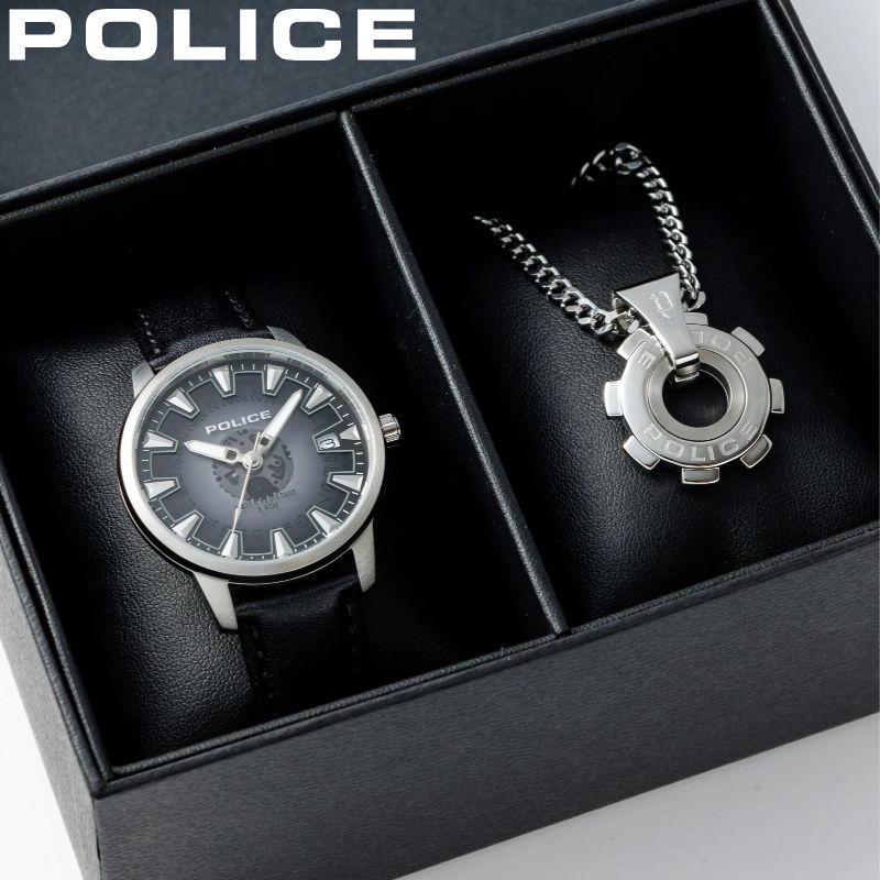 メーカー希望小売価格はメーカーサイトに基づいて掲載していますこの商品のお問い合わせ番号CPR-item-71069■　商品詳細説明 ポリス[POLICE]機能性だけでなく、斬新で個性的なデザインを取り入れたコレクションは常に世界のセレブの注目を集めています。日本の芸能界でも愛用者が多く、イタリアンモダンを象徴するかのような洗練されたデザインは、年齢を問わず高い人気を集めています。そして新たなスタイルをウォッチとして表現。スイス製の時計とは違った、イタリアらしいセンスが随所に表れています。世界最大の時計フィスティバルでも高い支持を得ており、益々目が離せません。このブランドの最大の魅力は、休日の腕を華やかに飾る時計や、オフィスにぴったりのシックなデザインのもの、その両方に使えるものと、お手ごろな価格で非常に幅広く対応できるところにあります。多くの著名人 芸能人も愛用しています。POLICEで人気のネックレスからインスパイアされたデザインの腕時計。時計×ネックレスのセットボックスです。プレゼントにも最適の一品となっております。 型番REACTOR-SSケース材質：ステンレススチールサイズ約：径38mm×厚8mm重さ：約38gベルト幅：18mmベルト材質：レザーカラー：ブラックムーブメントクォーツ (電池式)機能カレンダー（日）ネックレスSET防水機能防水性：日常生活防水付属品POLICE純正BOX保証書取扱説明書※SDGs(環境問題)への取り組みの一環として、紙の説明書が付属しないブランドがございます。予めご了承くださいませ。選ばれているキーワード男性 男性用 紳士 紳士用 男子 男子用 男性腕時計 紳士腕時計 メンズ腕時計 メンズウォッチ 仕事 仕事用 ビジネス ビジネス用 社会人 新社会人 誕生日 誕生日プレゼント 記念日 結婚記念日 お祝い 贈り物 プレゼント ギフト 入学祝 入学祝い 卒業祝 卒業祝い 就職祝 就職祝い 成人 成人式 成人祝い 父の日 父の日プレゼント 父の日ギフト クリスマス クリスマスプレゼント クリスマスギフト バレンタイン 恋人 彼氏 夫 旦那 さん パパ 父 お父さん 父さん 父親 息子 孫 甥 甥っ子 おじいちゃん 義父 義父さん お義父さん 友達 ファッション メンズファッション 学生 学生用 学校 学校用 遠足 旅行 修学旅行 かっこいい カッコイイ 大人 大人かっこいい お洒落 おしゃれ オシャレ お出かけ おでかけ デート 10代 20代 30代 40代 50代 60代 70代 80代