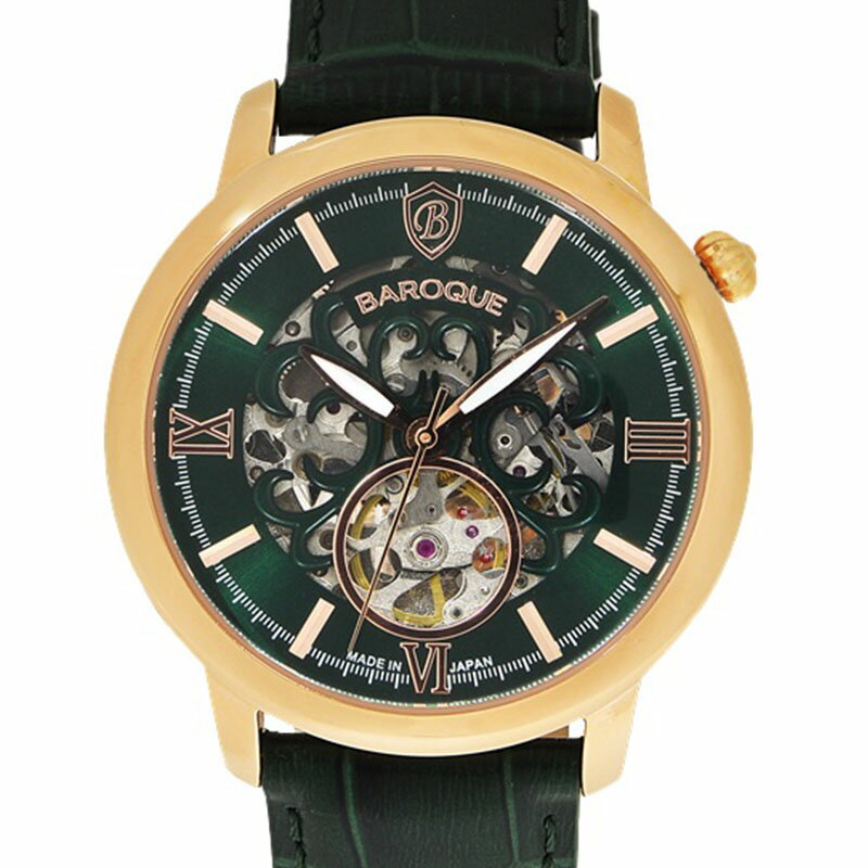 バロック 腕時計 BAROQUE 時計 バロック BAROQUE グリーン 男性 向け メンズ 機械式 自動巻き BA2007RG-19GR 人気 おすすめ おしゃれ かっこいい 牛革 革ベルト 高級感 シンプル ビジネス スーツスタイル ファッション ブランド プレゼント ギフト