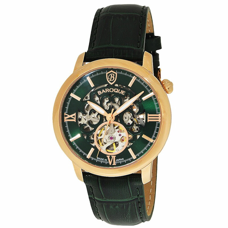 バロック 腕時計 BAROQUE 時計 バロック BAROQUE グリーン 男性 向け メンズ 機械式 自動巻き BA2007RG-19GR 人気 おすすめ おしゃれ かっこいい 牛革 革ベルト 高級感 シンプル ビジネス スーツスタイル ファッション ブランド プレゼント ギフト