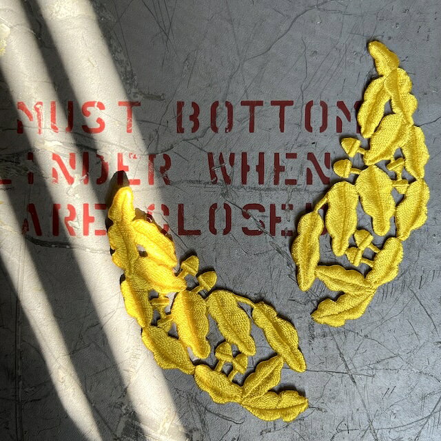Military Patch（ミリタリーパッチ）米軍 スクランブル エッグ パッチ 将官用 左右セット [イエロー] 米軍のサービスキャップ・アポロキャップなどに使われるイエローカラーのパッチです。 将官用の左右セット。 正式名はVisor Oak Leaf Embroideryですが形が炒り卵に似ていることからScrambled Eggsと呼ばれています。 アイロンでつけるタイプです。 ・サイズ: 約 縦 4cm × 横 10cm ※画像のキャップは付属しておりません。パッチのみの販売です。