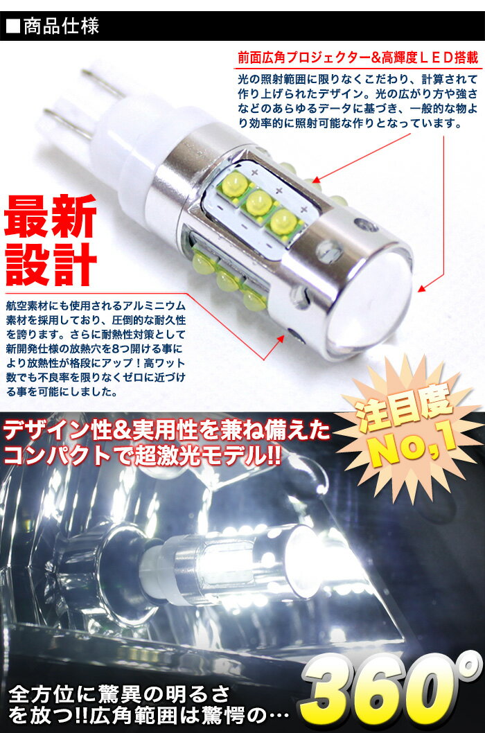 超強烈80W CREE×EPISTAR LED搭載 T10 T15 T16 H1 H3 ウェッジ球 6000k ホワイト FJ4290