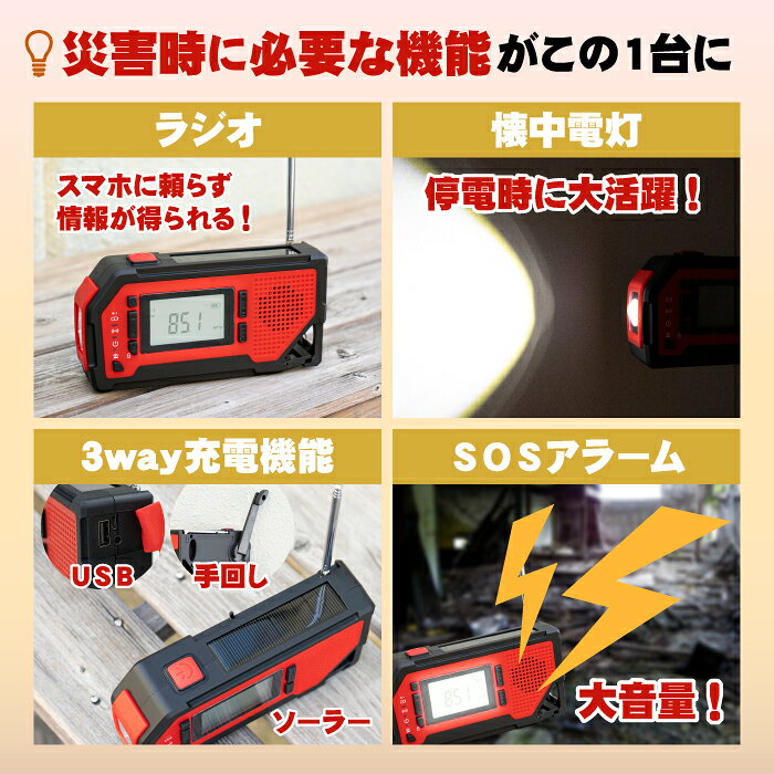 多機能 防災ラジオ 防災 ラジオ ポータブルラジオポータブル 防災グッズ AM/FMラジオ 小型 携帯ラジオ 高感度 LEDライト スマホ充電 防水 IPX3 懐中電灯 USB充電 ソーラー 手回し 3way充電 FJ9026 car-fuji-10097417 アンサーフィールド サンプル画像3