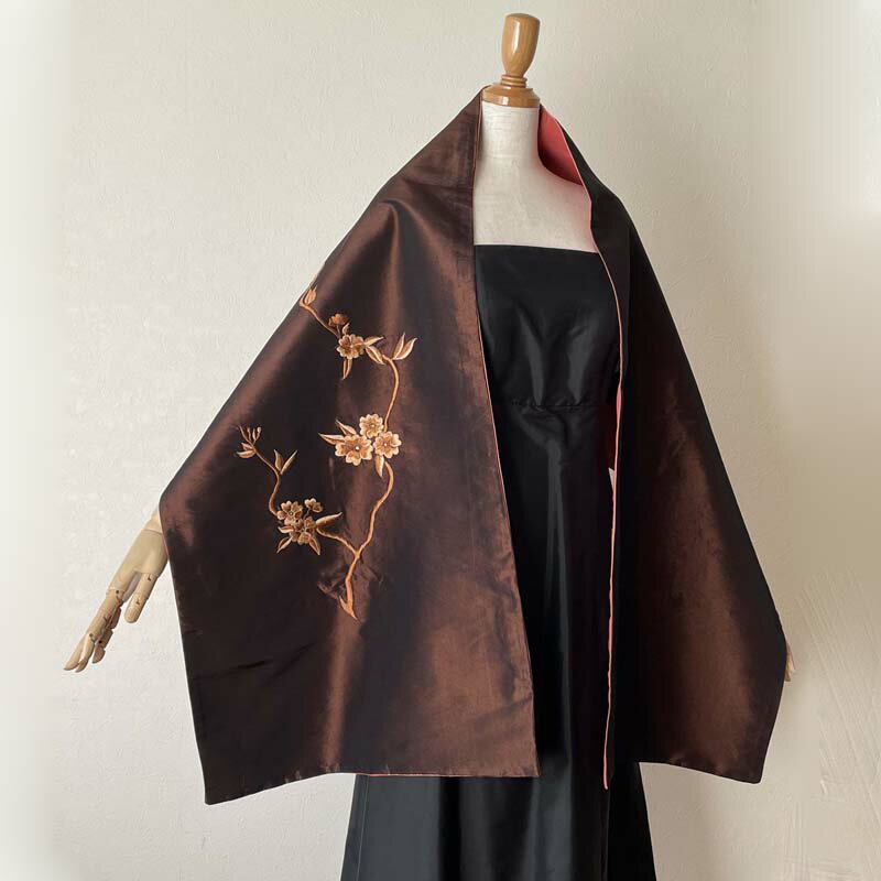 シルクタフタ 刺繍ショール リバーシブル ダブルフェイス サーモンオレンジ ブラウン系 和装 50代・60代・70代・ミセス・シニア 母の日ギフト 誕生日プレゼント 送料無料