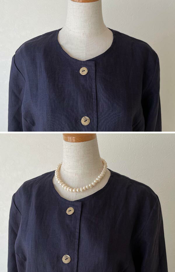 ワンピース リネン100% 裾フリル ティアード 前開き 長袖 フリーサイズ ネイビー 濃紺 40代 50代 60代 入園・入学式 卒園・卒業式 服 母 ママ ナチュラル きゃらファッションオリジナル 送料無料