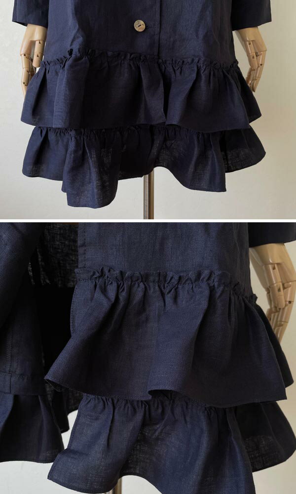 ワンピース リネン100% 裾フリル ティアード 前開き 長袖 フリーサイズ ネイビー 濃紺 40代 50代 60代 入園・入学式 卒園・卒業式 服 母 ママ ナチュラル きゃらファッションオリジナル 送料無料
