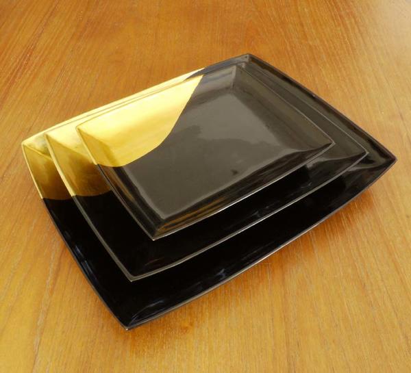 漆 トレー 盆 皿 丸みを帯びた長方形 金 黒 ゴールド 大・中・小3枚セット Craft Link(クラフトリンク) ベトナム製