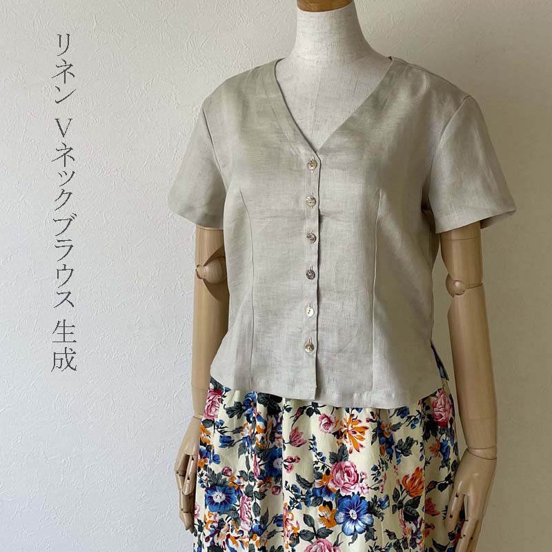 ブラウス Vネック 前開き 半袖 生成 ベージュ S/M M/L 中厚手リネン100% きゃらファッションオリジナル 送料無料