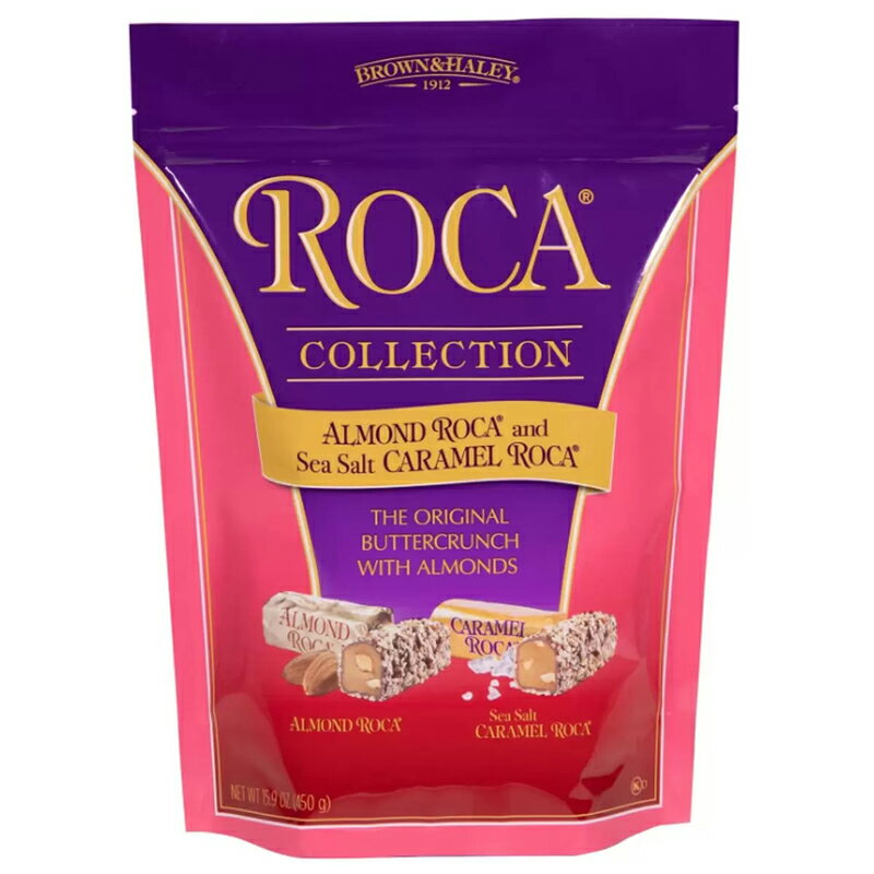 ブラウン & ヘイリー ロカ・コレクション アーモンド & 塩キャラメル 450G BROWN & HALEY ROCA COLLECTION ALMOND & SALTED CARAMEL 450G　12038 商品の特徴 アーモンド・ロカ 塩キャラメル・ロカ アーモンドの香ばしい香りのアーモンド・ロカと、甘い中にもしょっぱさでうまくバランスが取れた塩キャラメル・ロカ。 どちらもチョコレートにカバーされたフィリングのカリカリとした歯ごたえが特徴的で癖になる美味しさです。 内容量：450g