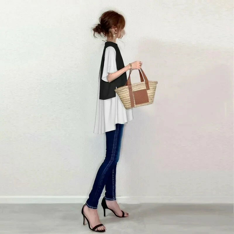 Other - シャツ ブラウス レディース トップス 黒と白柄 切り替え Tシャツ 七分袖 オフィス おしゃれ ファッション チュニック カットソー 大きいサイズ 春 夏 秋服 レディース 丸首 トップス
