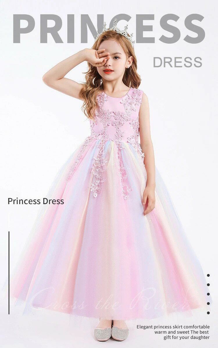 ピアノ発表会 ドレス 中学生 虹色 ロングドレス 演奏会 150 160 キラキラ 花 子供 ドレス ピアノ 発表..